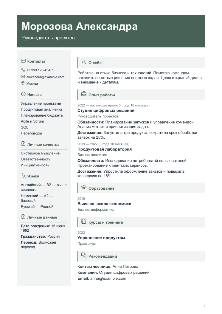 Пример резюме: Официальный