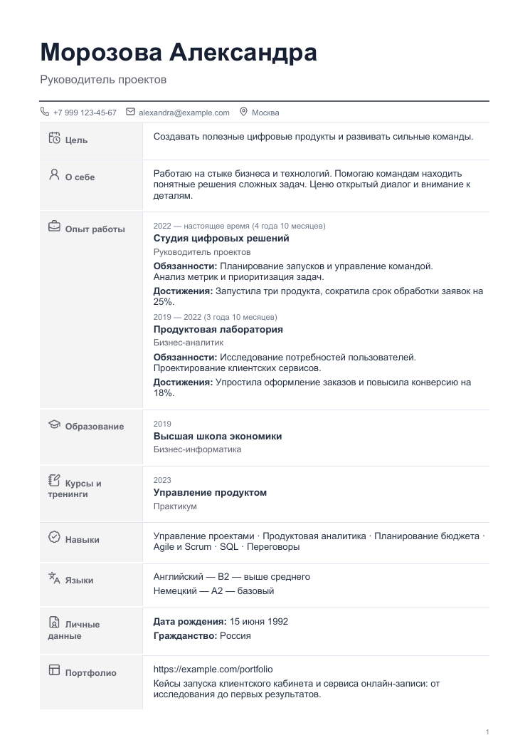 Пример резюме: Структурный