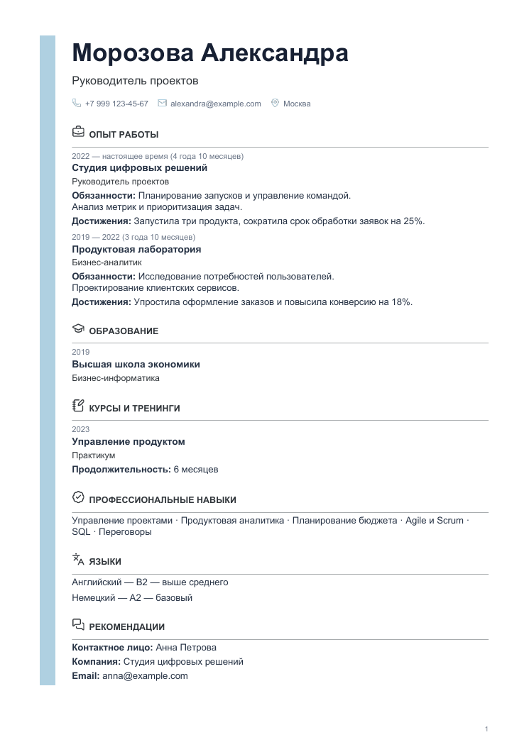 Пример резюме: Лаконичный