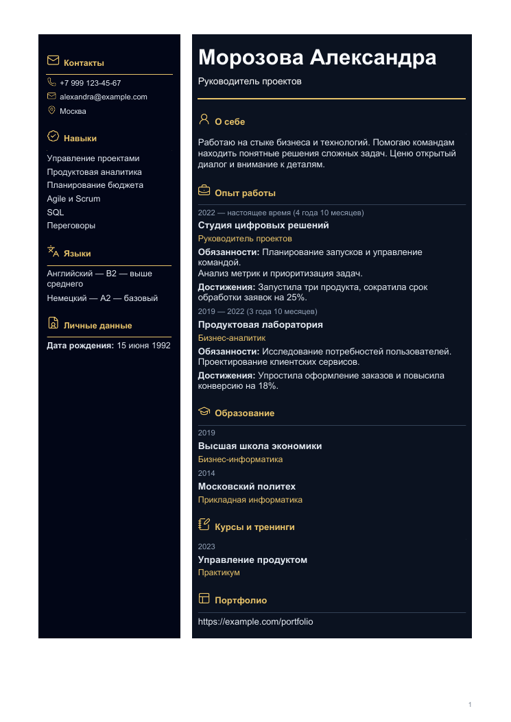 Пример резюме: Премиум