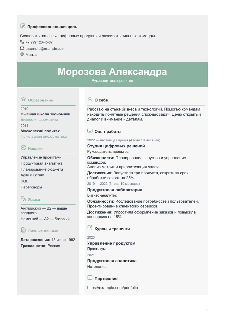 Пример резюме: Оригинальный