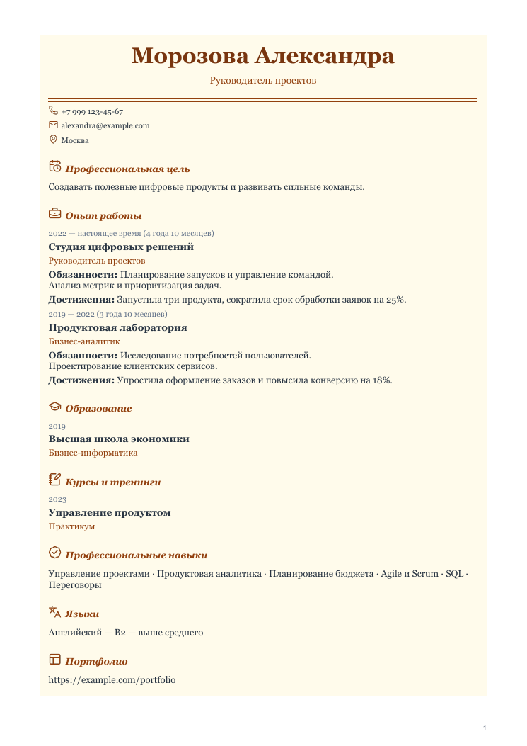 Пример резюме: Винтажный