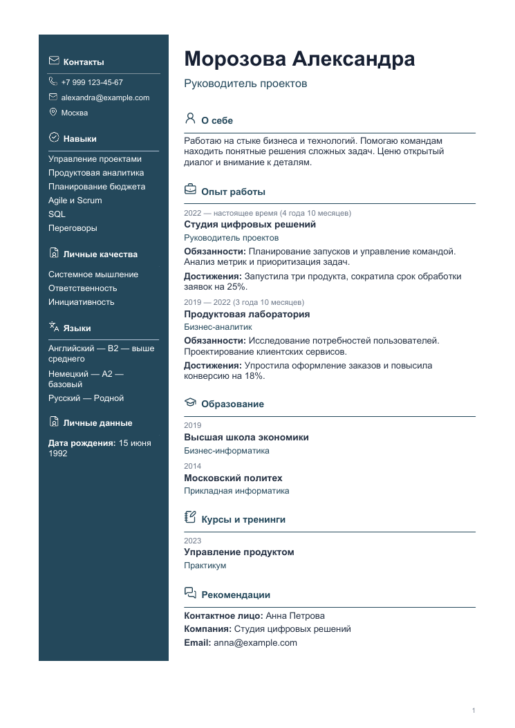 Пример резюме: Профессиональный