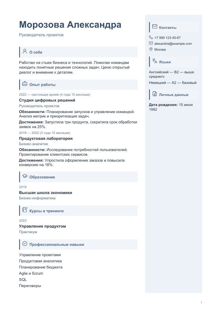 Пример резюме: Наглядный