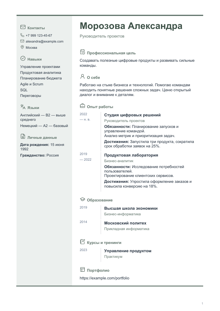 Пример резюме: Графичный