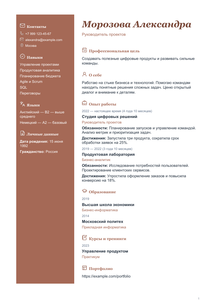 Пример резюме: Солнечный