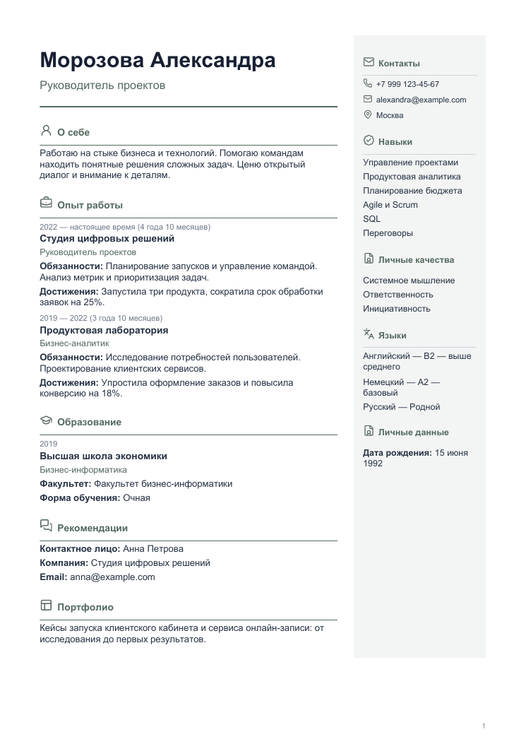 Пример резюме: Современный