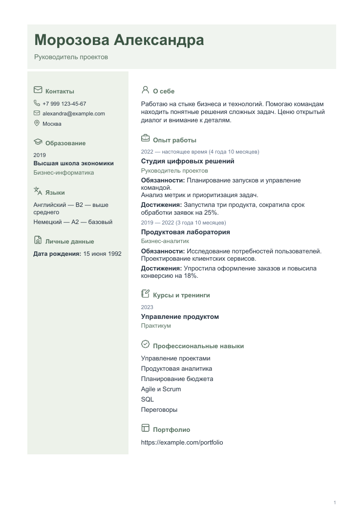 Пример резюме: Весенний