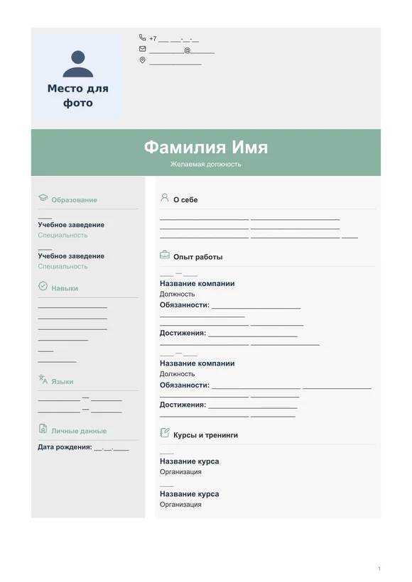 Пустой бланк резюме «Оригинальный» с местом для фото